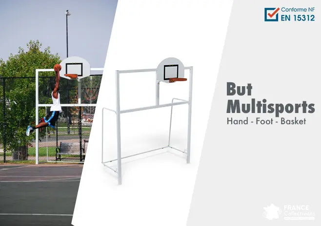 Terrain multisports extérieur avec but combiné handball football basketball en acier galvanisé, intégré dans une cour d’école ou parc urbain, avec marquages au sol et filet de protection
