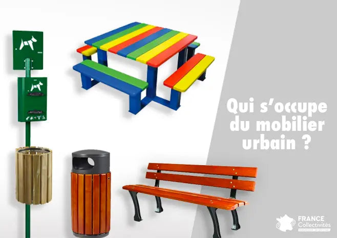 Mobilier urbain en ville avec bancs, corbeilles et potelets dans un espace public aménagé