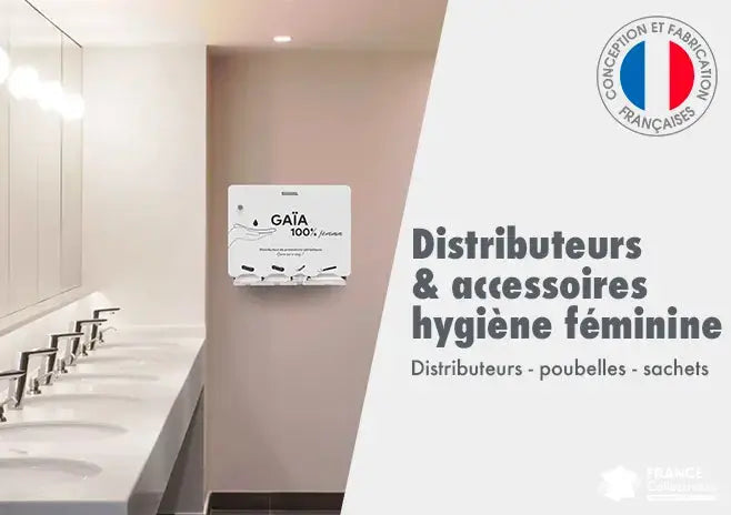 Distributeur de protections hygiéniques et accessoires d’hygiène féminine installés dans des sanitaires publics ou scolaires, destinés à lutter contre la précarité menstruelle et faciliter l’accès aux protections périodiques.