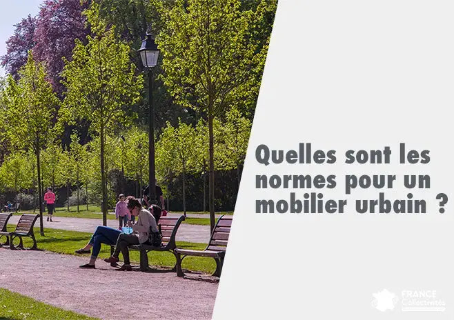 Mobilier urbain en espace public intégrant bancs, corbeilles et équipements de voirie respectant les normes de sécurité, d’accessibilité et environnementales