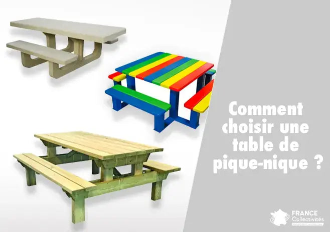 Table de pique-nique extérieure en bois installée dans un parc, avec bancs intégrés, utilisée pour les repas en plein air dans un espace public ou un jardin.