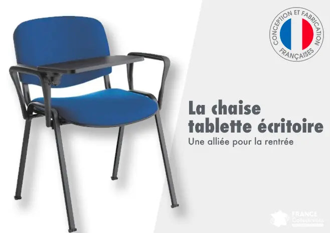 Chaise avec tablette écritoire intégrée utilisée dans une salle de classe ou de conférence, permettant de prendre des notes et travailler confortablement lors de formations ou examens.
