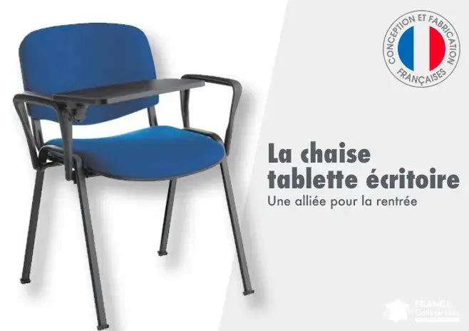 Chaise avec tablette écritoire intégrée utilisée dans une salle de classe ou de conférence, permettant de prendre des notes et travailler confortablement lors de formations ou examens.