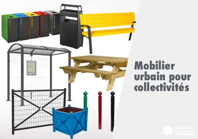 Mobilier urbain pour collectivités installé dans un espace public, comprenant bancs, corbeilles et équipements d’aménagement extérieur, illustrant un environnement urbain fonctionnel, durable et accessible à tous.