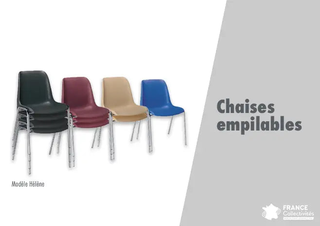 Chaise empilable de collectivités en plastique et acier, légère, robuste, gain de place, adaptée aux salles de réunion, évènements et ERP