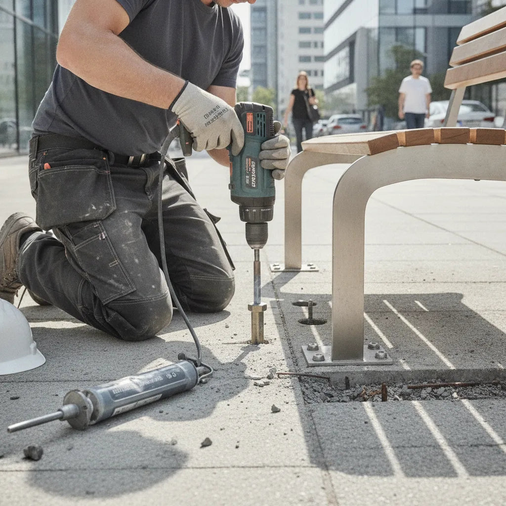 Fixation banc public au sol, méthodes et normes 2026