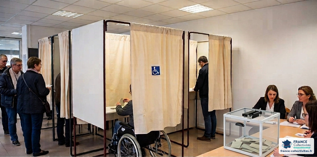 Bureau de vote équipé d'isoloirs à rideau dont un isoloir PMR et d'une urne transparente réglementaire – présidentielle 2027