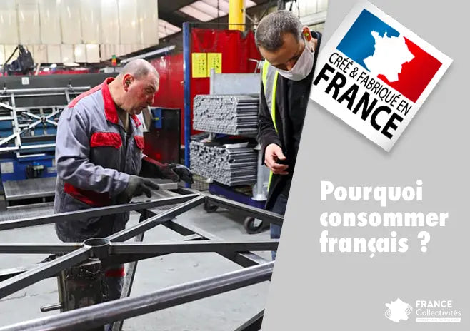 Illustration d’un concept de fabrication Made in France dans le mobilier urbain, mettant en avant des produits conçus et fabriqués en France dans une démarche de qualité, d’économie locale et de respect de l’environnement.