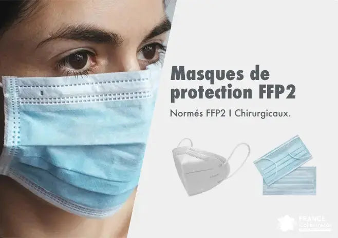 Masques de protection respiratoire et chirurgicaux (FFP2 et masques 3 plis) présentés sur fond neutre, illustrant l’équipement sanitaire pour prévention des infections et hygiène en milieu public