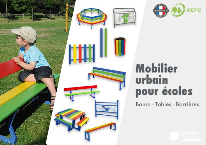 Cour de récréation aménagée avec mobilier urbain pour enfants Silaos Junior : bancs, tables de pique-nique colorées et corbeille en extérieur dans un espace scolaire