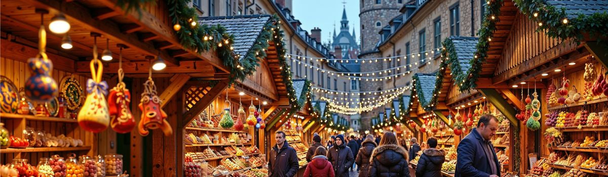 Allée d'un marché de Noël bordée de chalets en bois décorés de guirlandes lumineuses