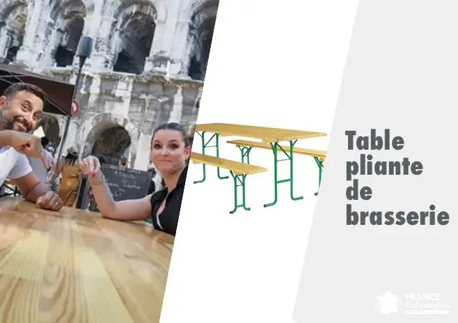 Ensemble de brasserie avec grande table en bois et bancs pliants en acier et bois installés en extérieur pour fête, réception ou événement convivial