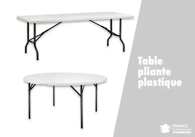 Salle polyvalente équipée de tables pliantes en plastique pour collectivités, tables rectangulaires alignées avec chaises, utilisées pour réception, banquet ou évènement communal