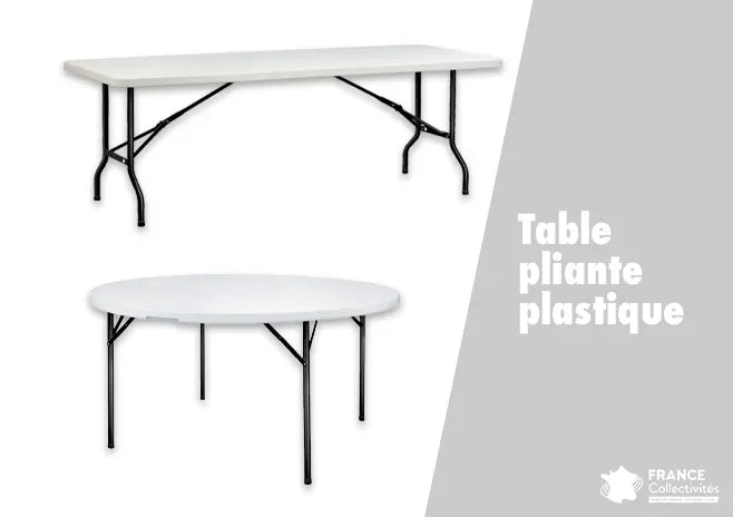 Salle polyvalente équipée de tables pliantes en plastique pour collectivités, tables rectangulaires alignées avec chaises, utilisées pour réception, banquet ou évènement communal
