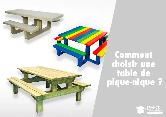 Table de pique-nique extérieure en bois installée dans un parc, avec bancs intégrés, utilisée pour les repas en plein air dans un espace public ou un jardin.