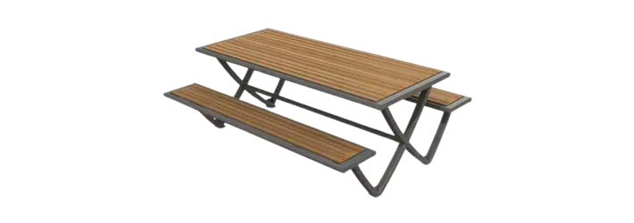 Mobilier urbain en compact HPL aspect bois : bancs et tables de pique-nique