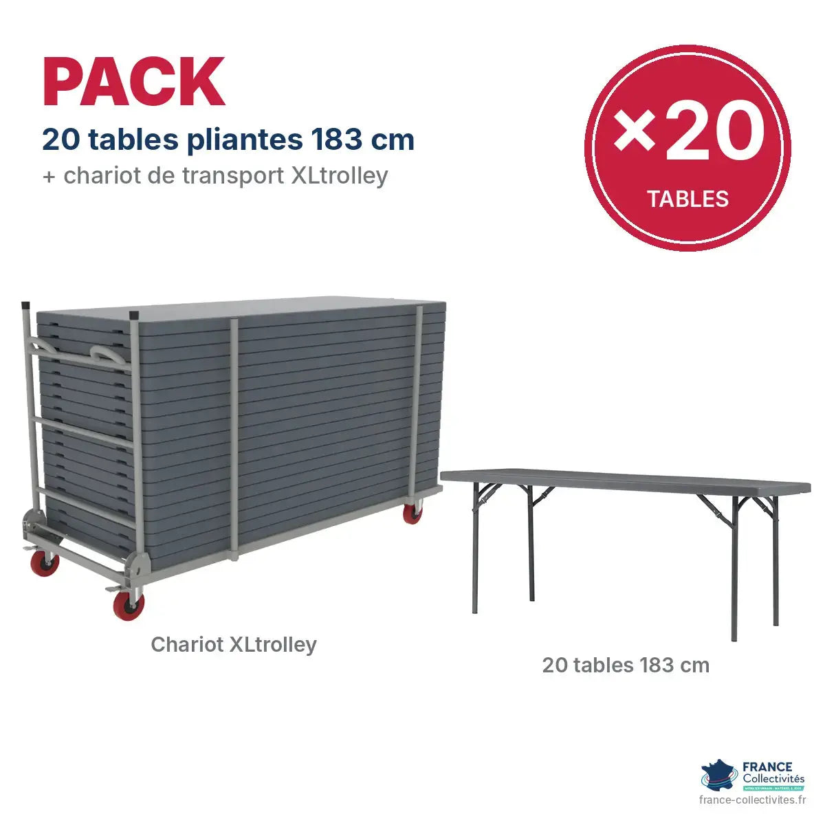 Lots promo de tables pliantes plastique avec chariot de transport