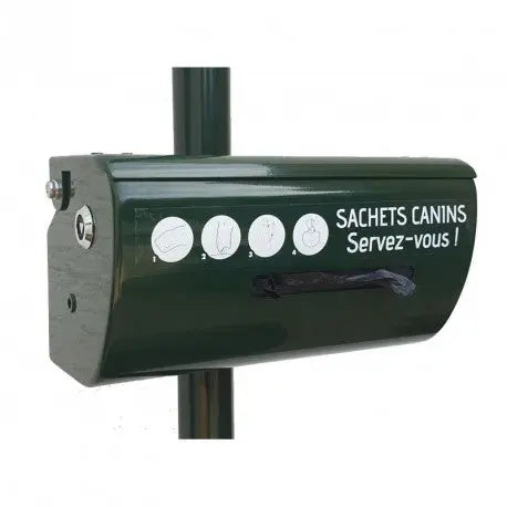 Distributeur de sacs pour chien en aluminium vert RAL 6009 avec fixation murale ou sur poteau