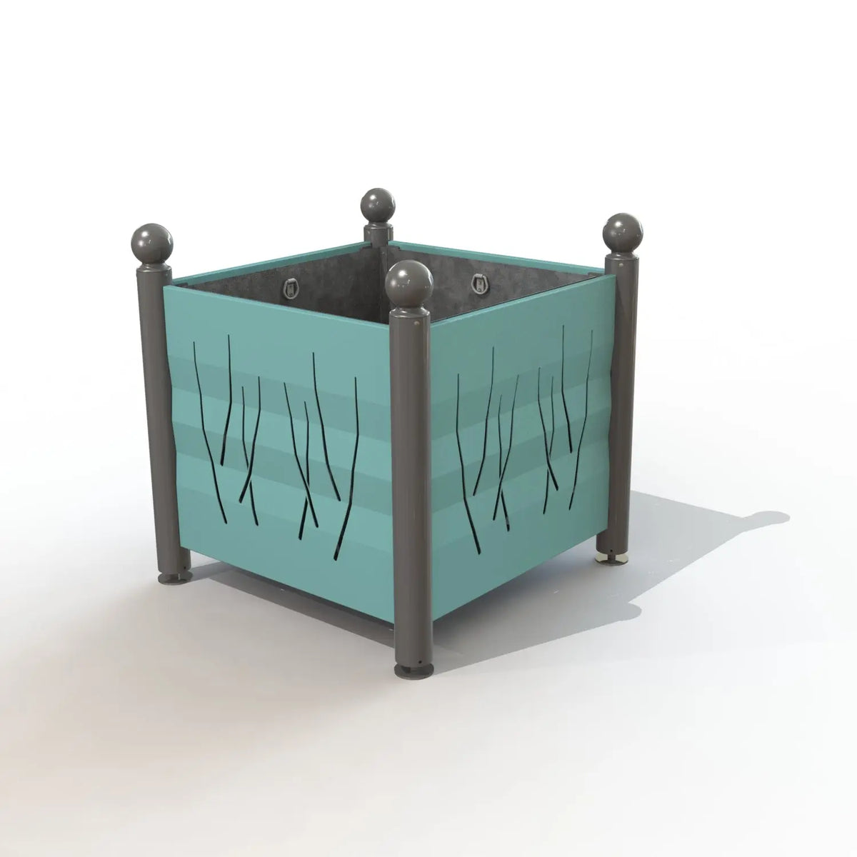 Jardinière Harmonie métal tête boule, panneaux acier à motifs découpés laser