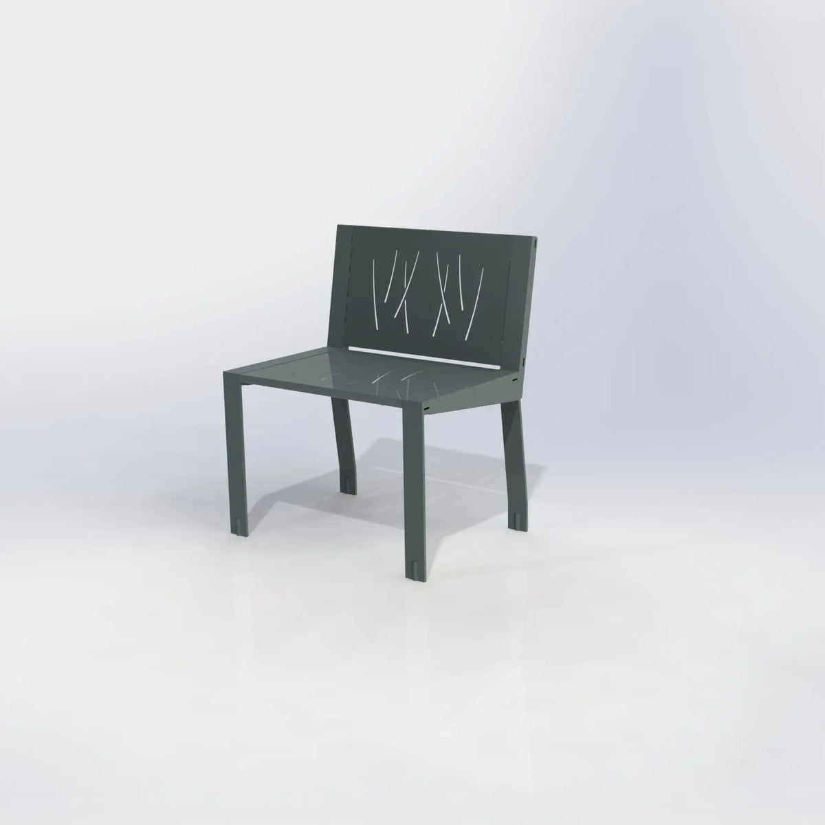 Chaise Square en acier, panneaux en tôle découpée au laser et structure en plat