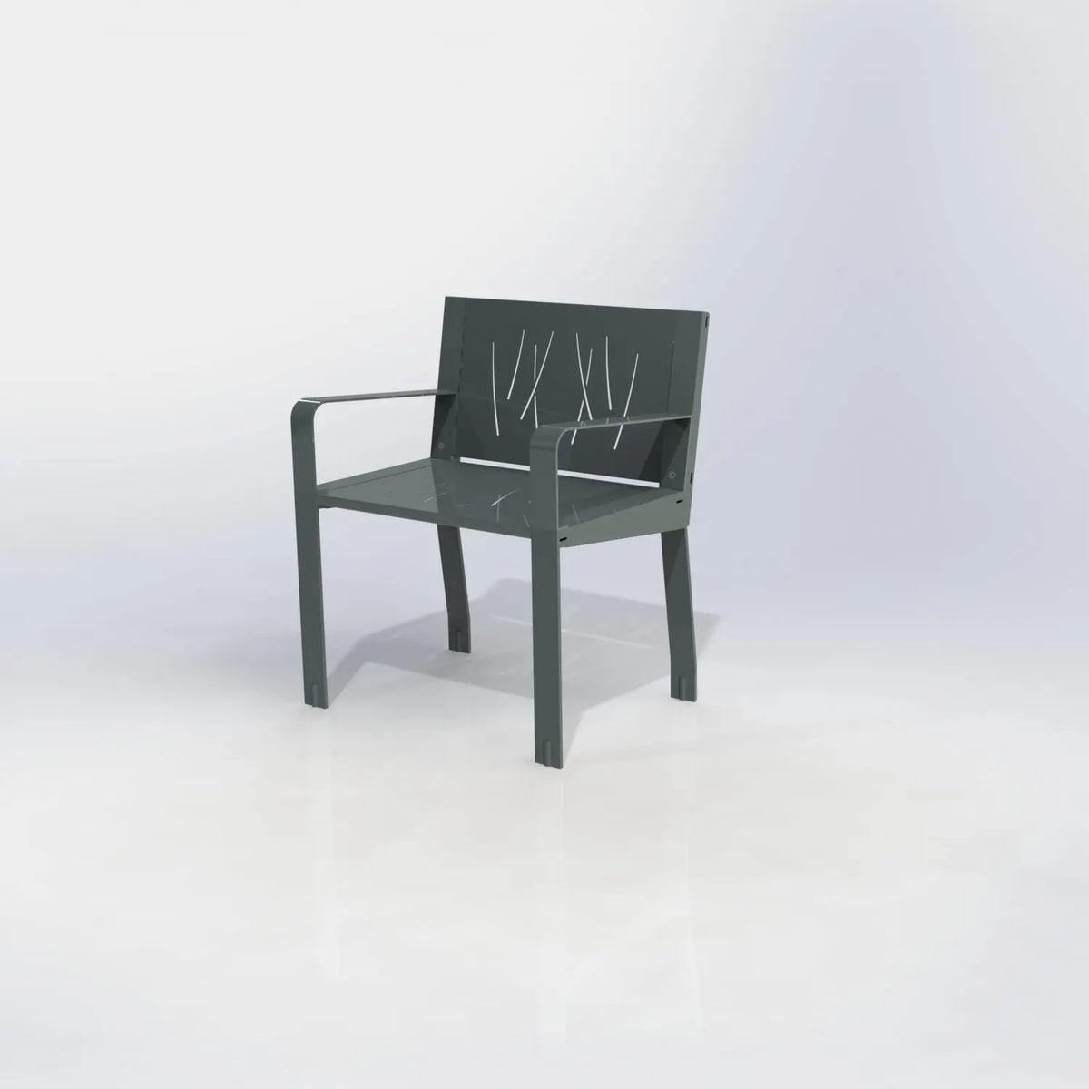 Fauteuil Square tout métal, accoudoirs et panneaux décor découpés au laser