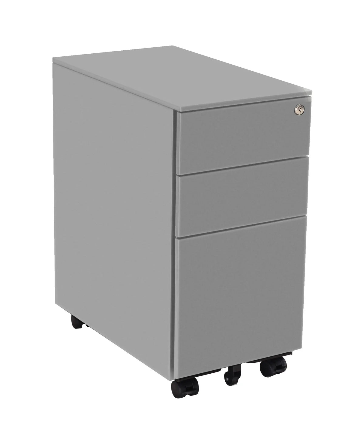 Caisson à tiroirs gris aluminium RAL 9006 au format slim, roulettes freinées