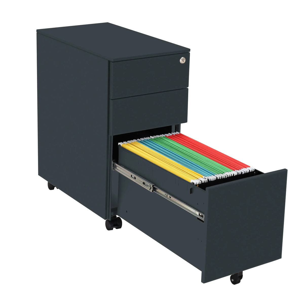 Caisson de bureau anthracite tiroirs ouverts, 5e roulette sous le tiroir dossiers