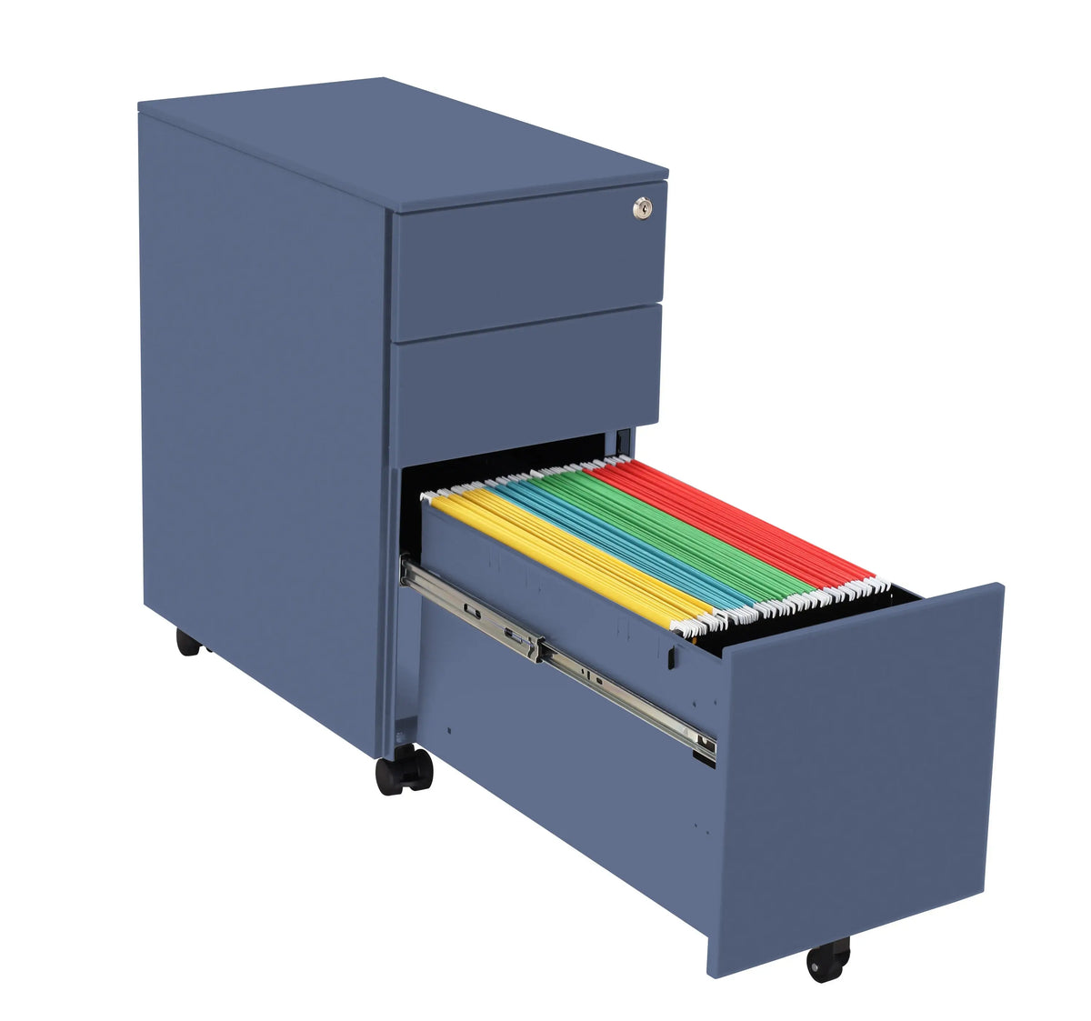 Caisson bleu RAL 5014 ouvert, grand tiroir pour dossiers suspendus