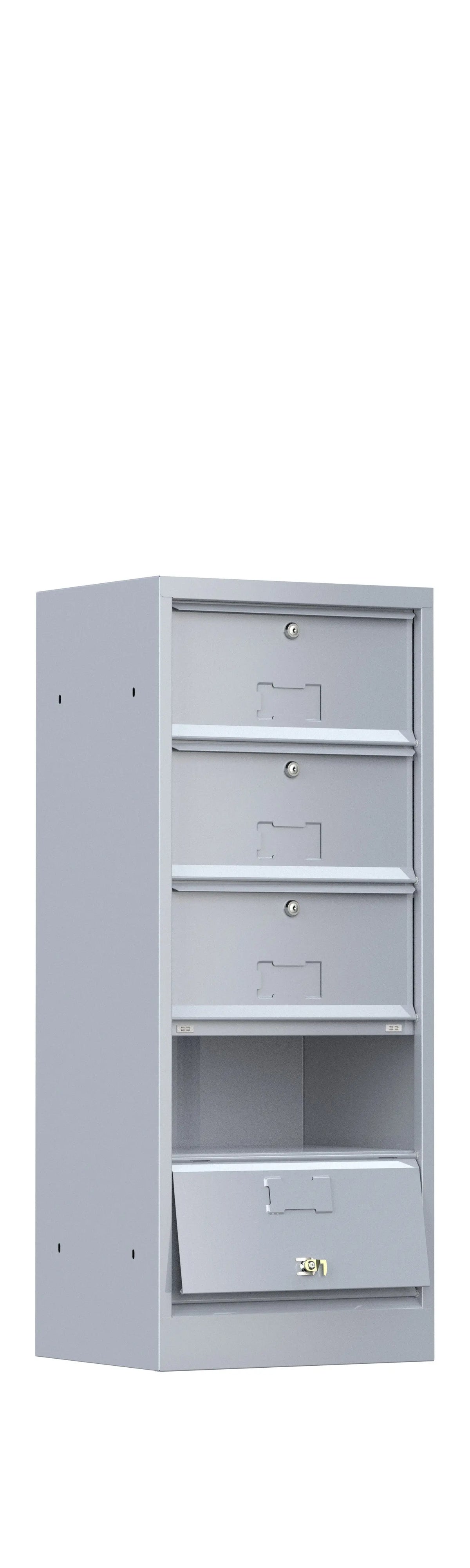 Meuble 5 cases avec serrures, portes ouvertes à 180°