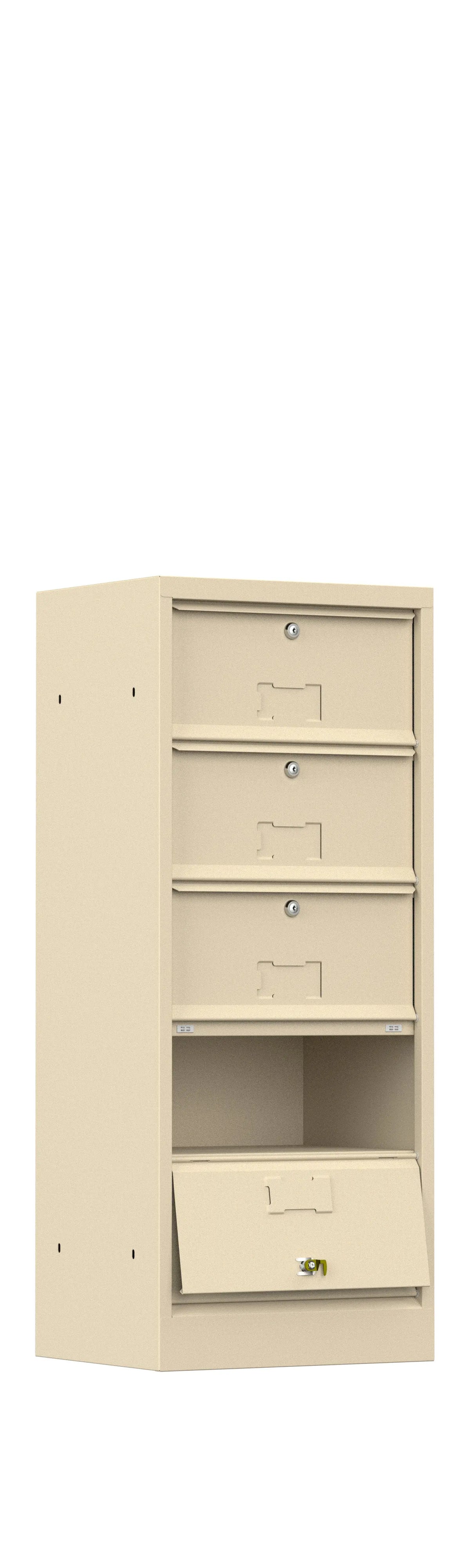 Meuble à clapets beige ouvert, version avec serrure et porte-étiquettes