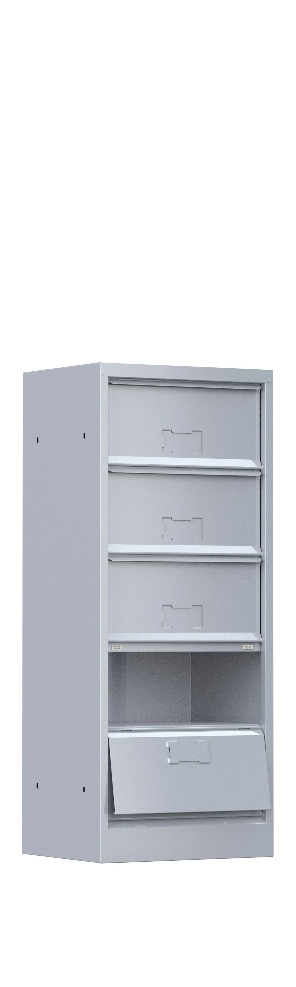 Meuble 5 clapets sans serrure, cases ouvertes et tablettes sans rebord