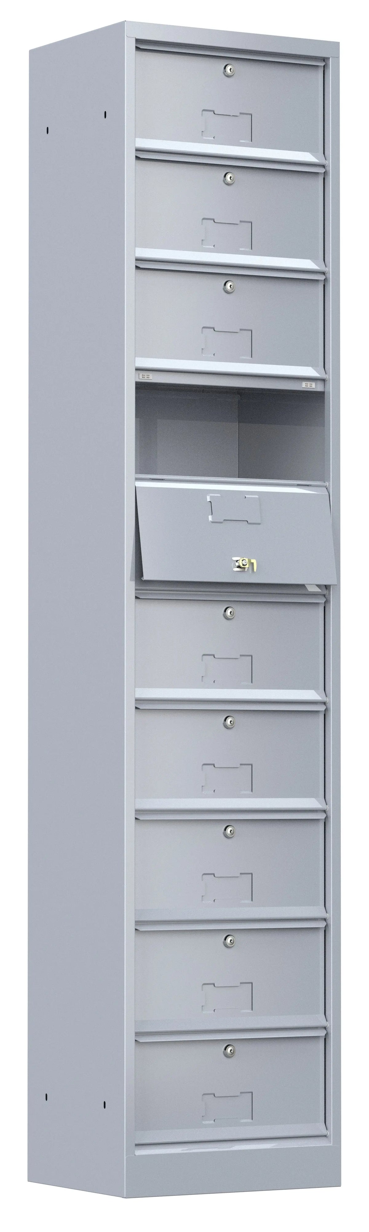 Meuble 10 cases avec serrures, portes ouvertes à 180°