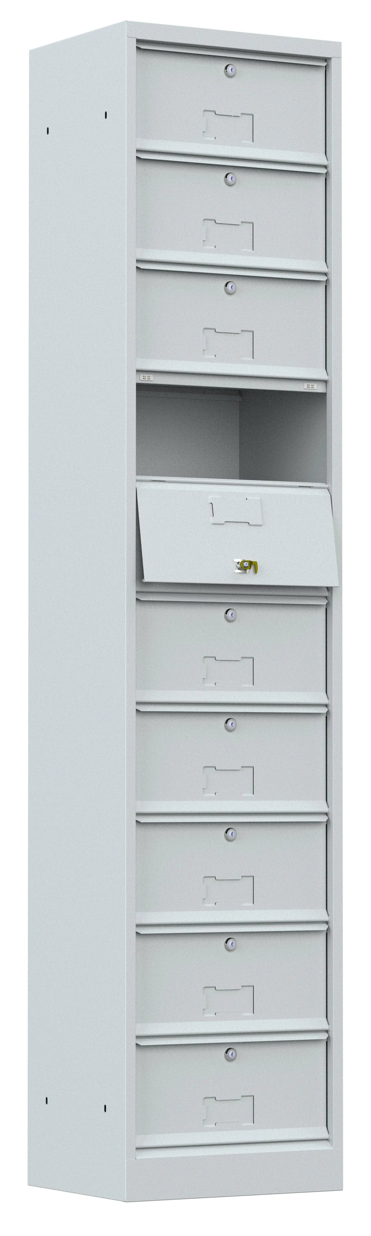 Cases ouvertes du meuble à clapets 10 cases, tablettes sans rebord