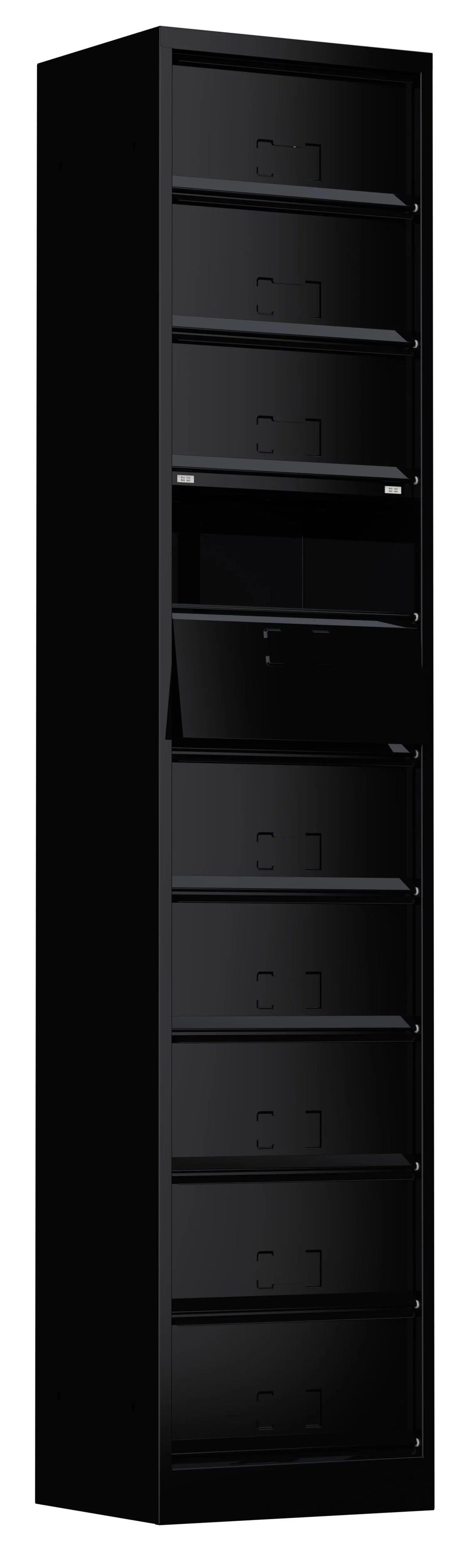 Portes ouvertes d'un meuble à clapets 10 cases métallique, version sans serrure