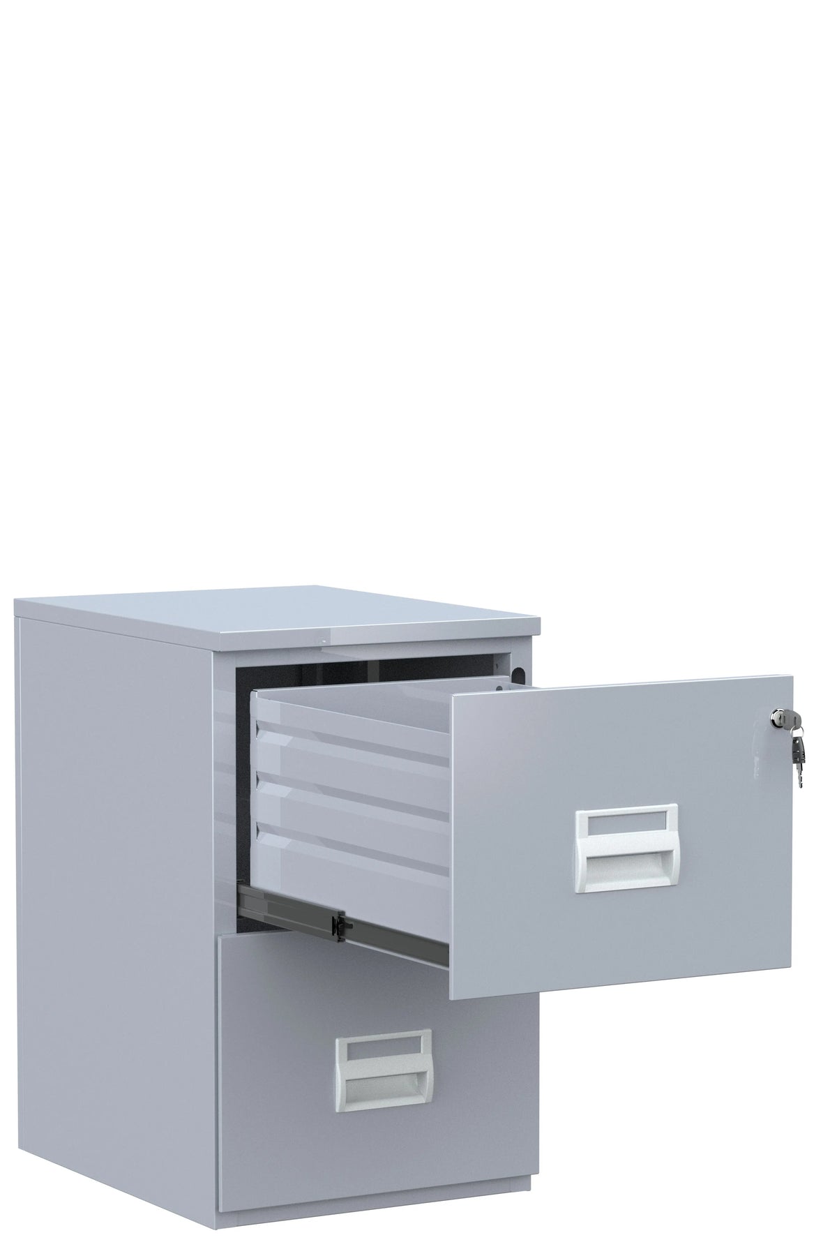 Caisson de classement 2 tiroirs gris aluminium ouvert, extraction totale du tiroir