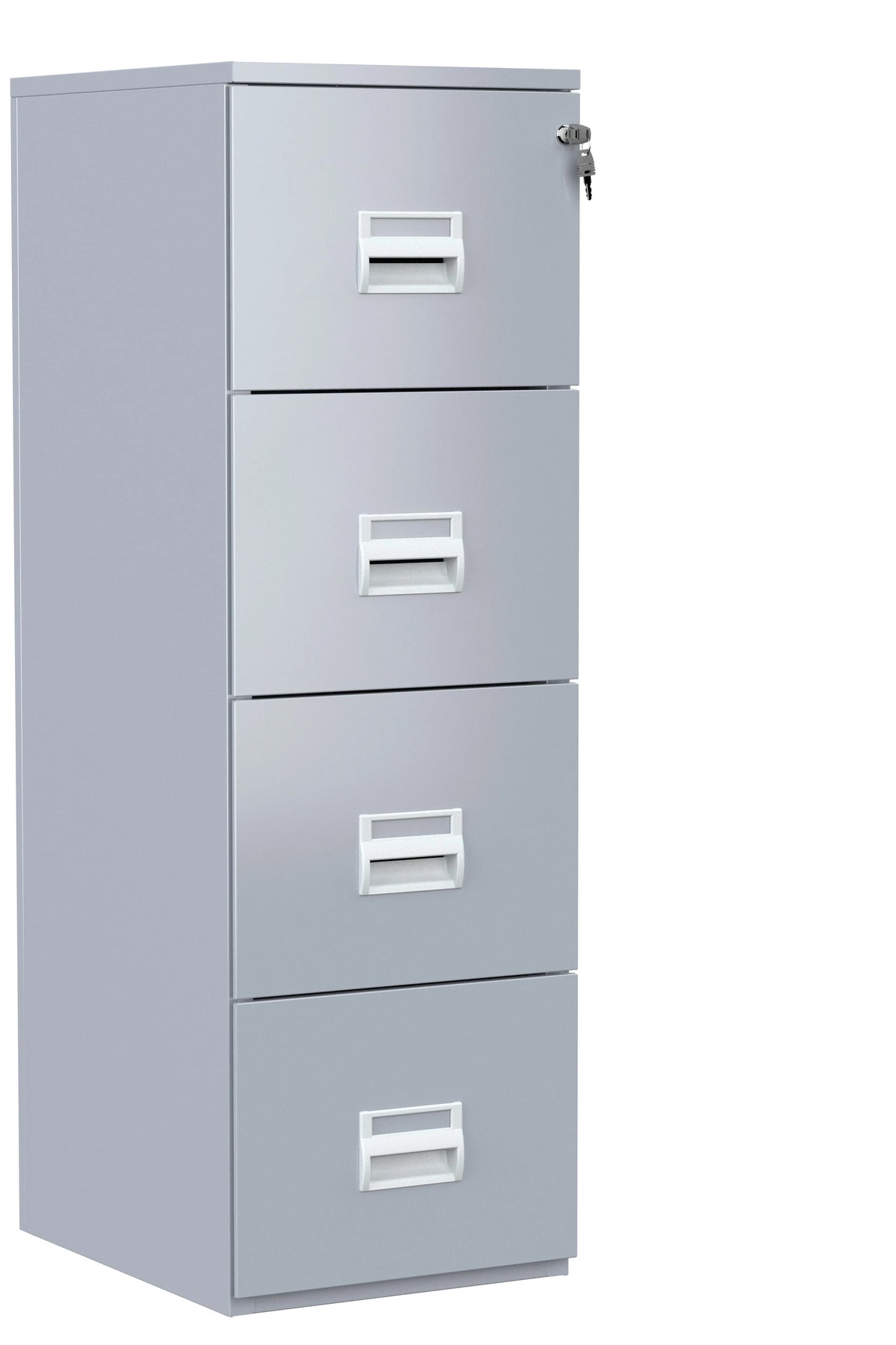 Classeur métallique 4 tiroirs coloris aluminium, vue de côté