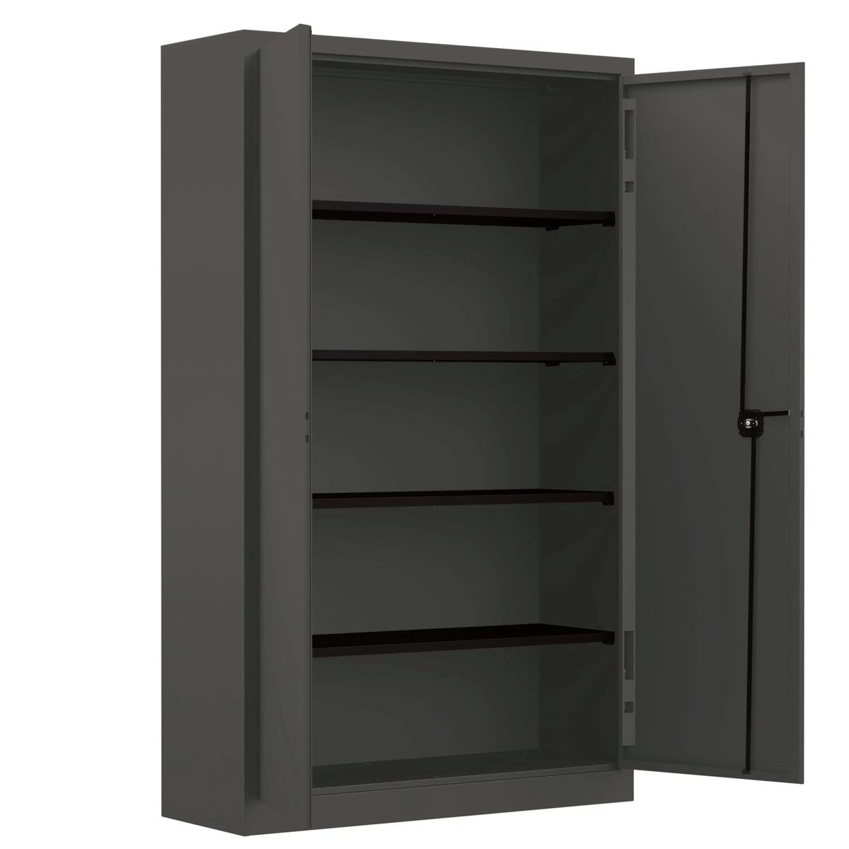Armoire haute anthracite à portes, aménagée de tablettes noires pour classeurs et dossiers