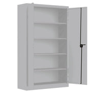 Armoire métallique à portes ouverte, tablettes gris clair RAL 7035 réglables au pas de 25 mm