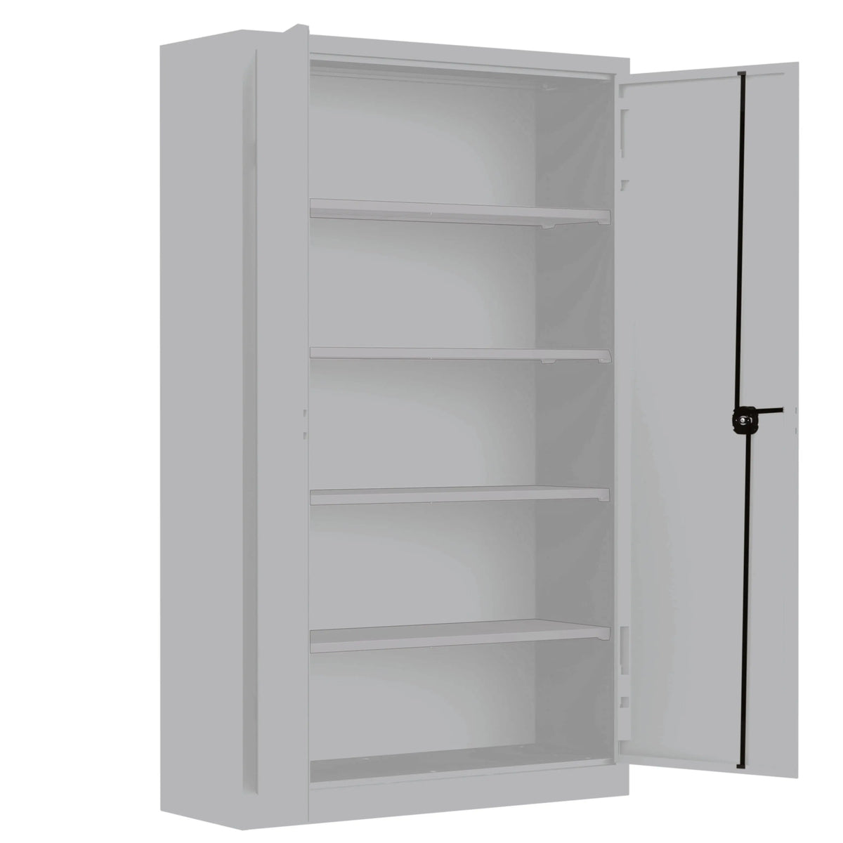 Armoire métallique à portes ouverte, tablettes gris clair RAL 7035 réglables au pas de 25 mm