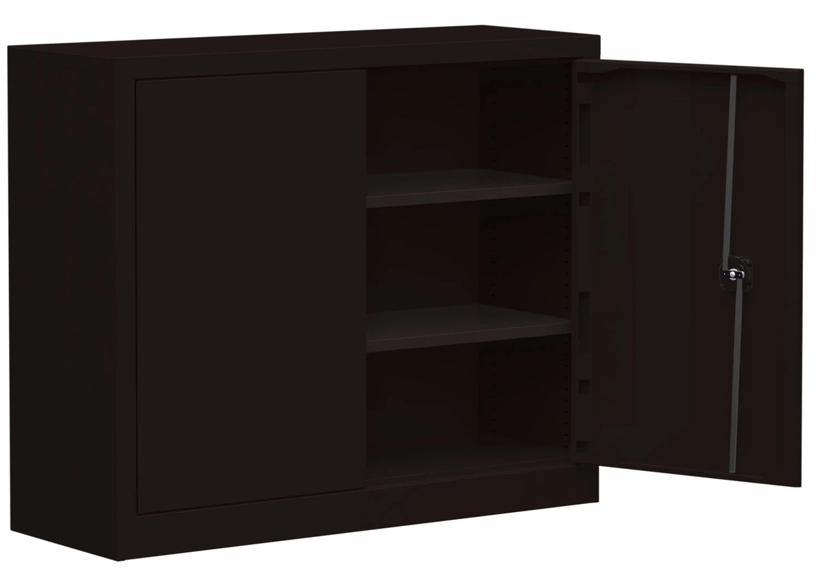 Armoire basse noire ouverte, tablette supplémentaire noire RAL 9005 sur taquets