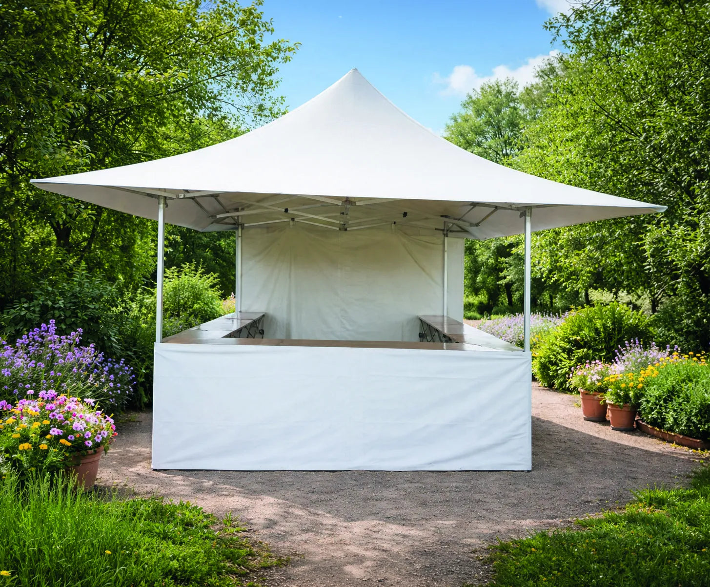 Abri buvette complet 3x3 m avec toile PVC M2, rideaux latéraux, prêt pour manifestation extérieure.