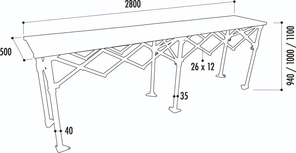 Comptoir de buvette en aluminium avec plateau mélaminé hêtre, réglable en hauteur, dimensions