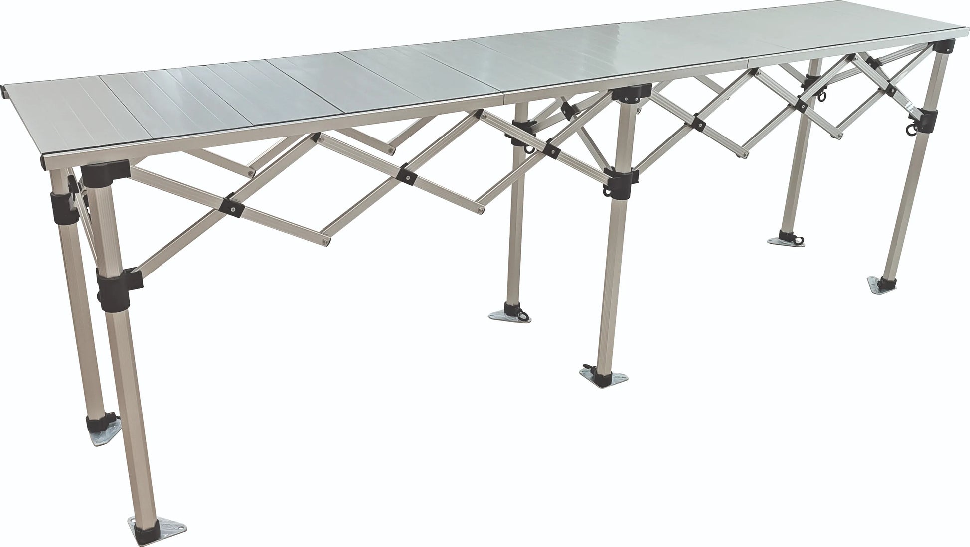Comptoir de buvette en aluminium avec plateau mélaminé hêtre, réglable en hauteur, présenté seul en détail.