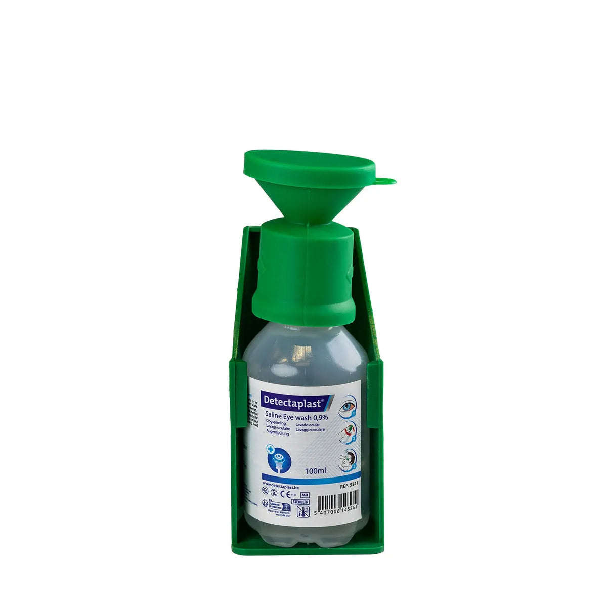 Petit flacon de rinçage oculaire 100 ml présenté sur son support mural, solution saline isotonique
