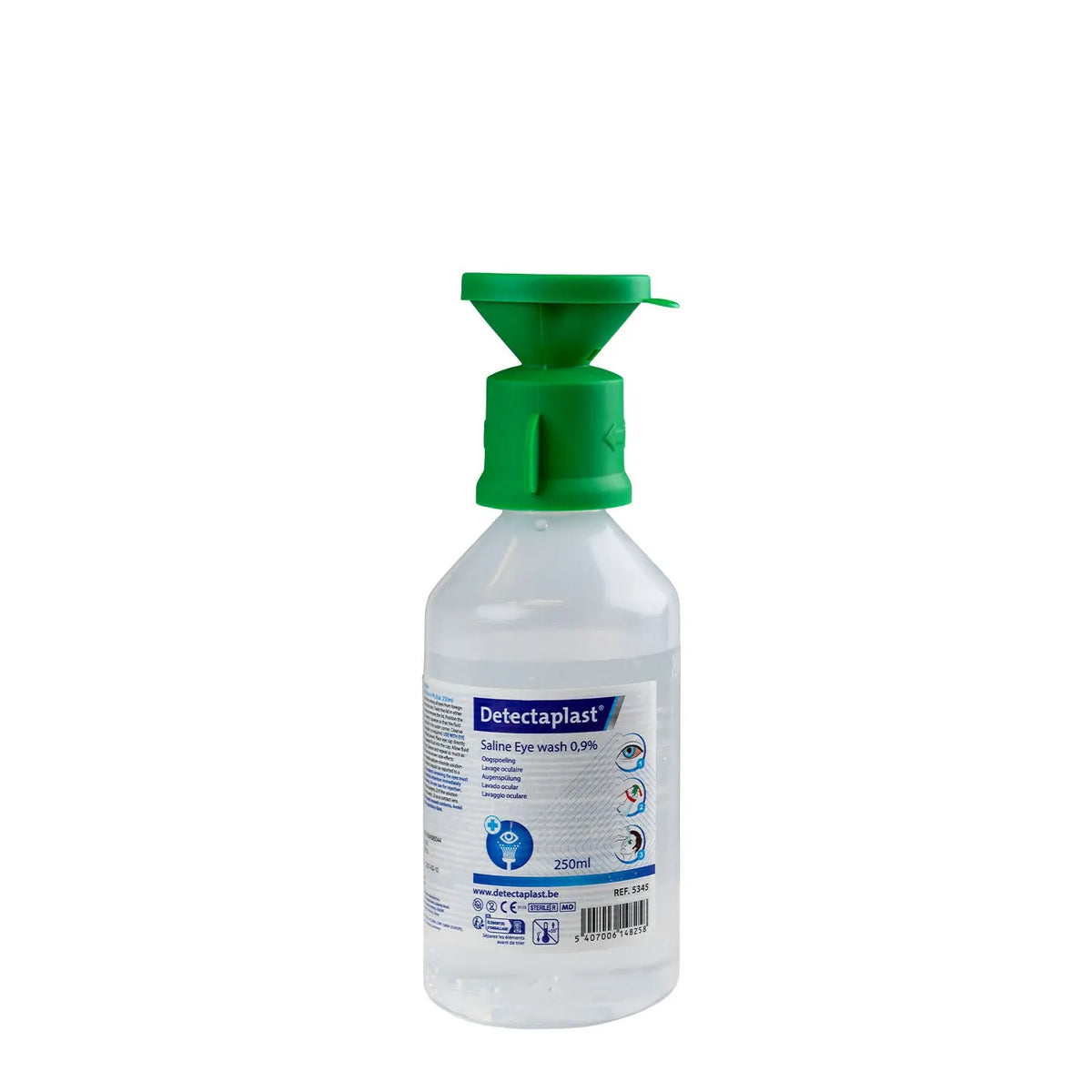 Flacon de 250 ml de solution oculaire stérile avec œillère et étiquette au mode d'emploi illustré