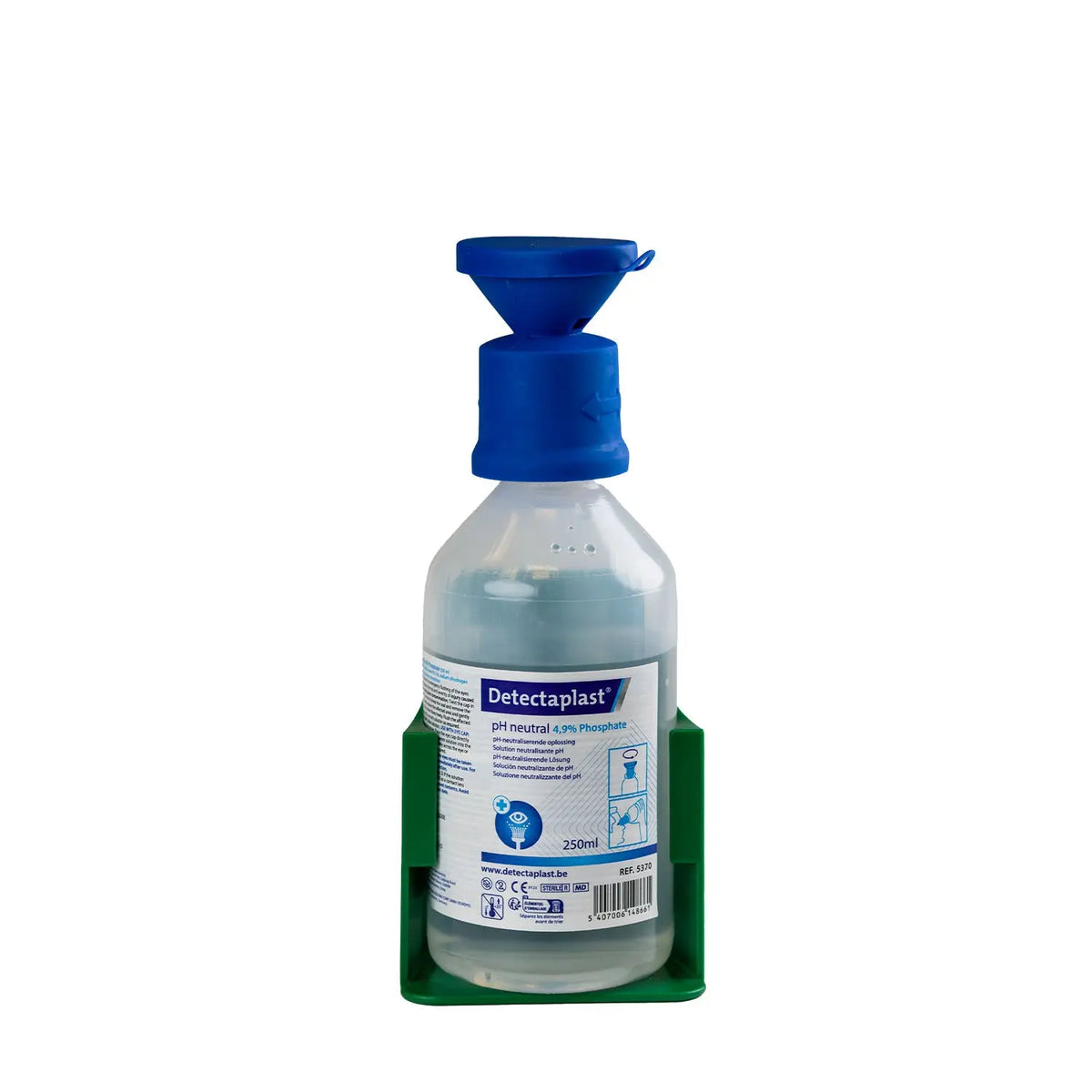 Flacon de solution tampon pH 7,4 de 250 ml sur support mural, poste de rinçage chimique