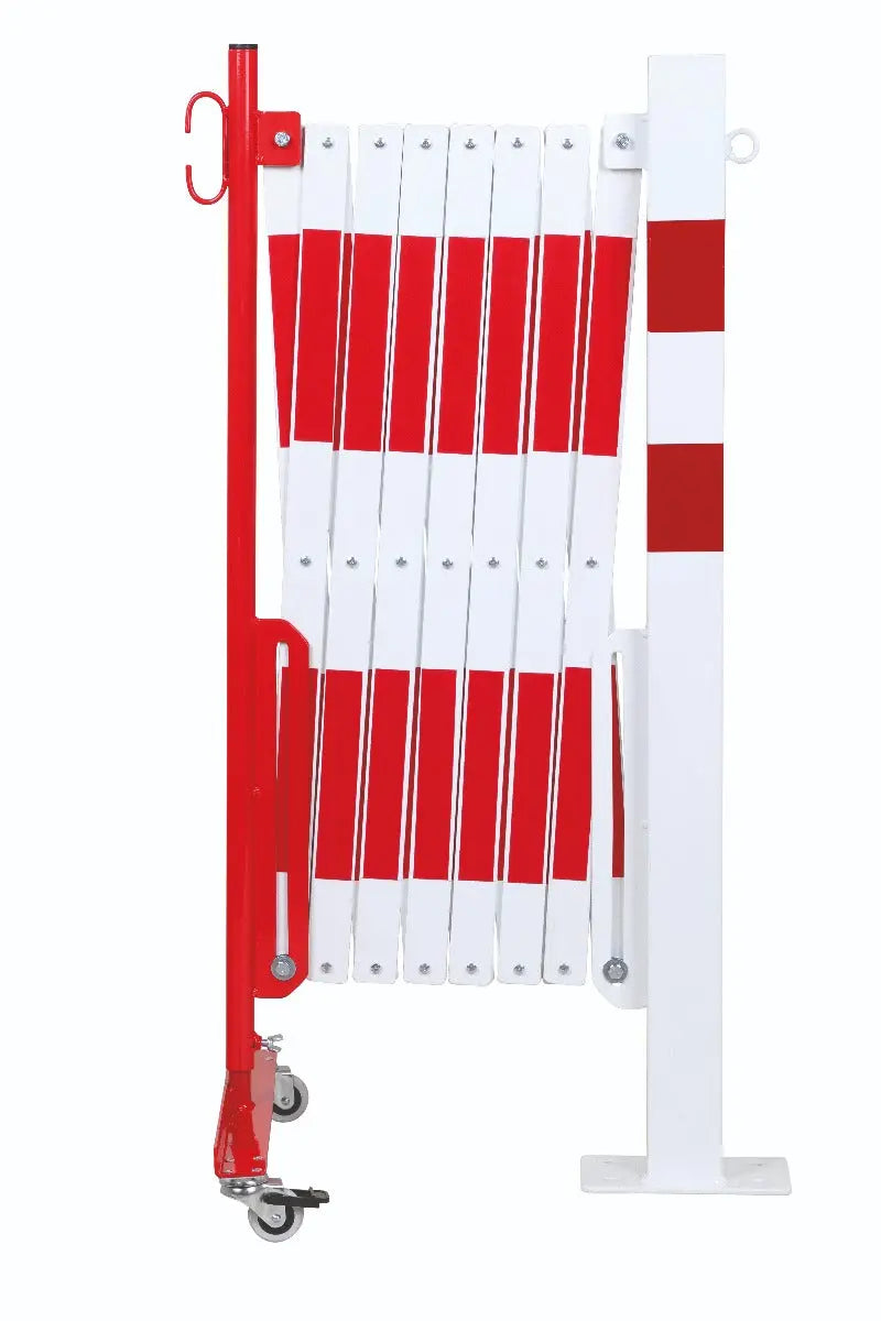 barrière extensible rouge-blanc 4m avec poteau 70x70 et rouleaux - France Collectivités