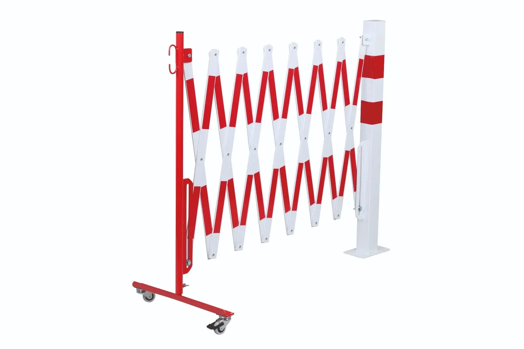 barrière extensible rouge-blanc 4m avec poteau 70x70 et rouleaux - France Collectivités