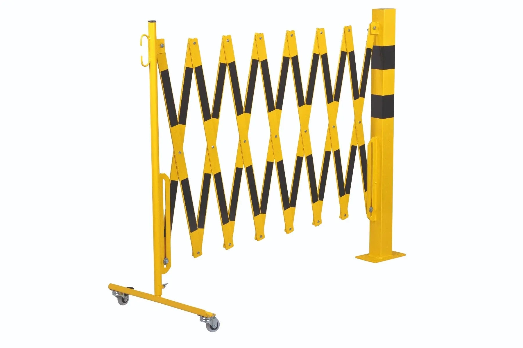 barrière extensible jaune-noir 4m avec poteau 70x70 et rouleaux - France Collectivités
