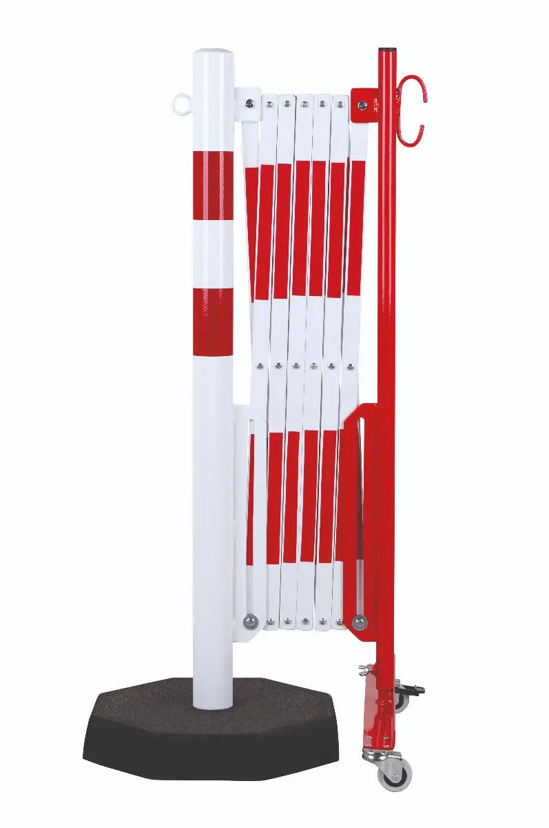 barrière extensible rouge-blanc 3,6m avec poteau Ø60mm sur socle - France Collectivités